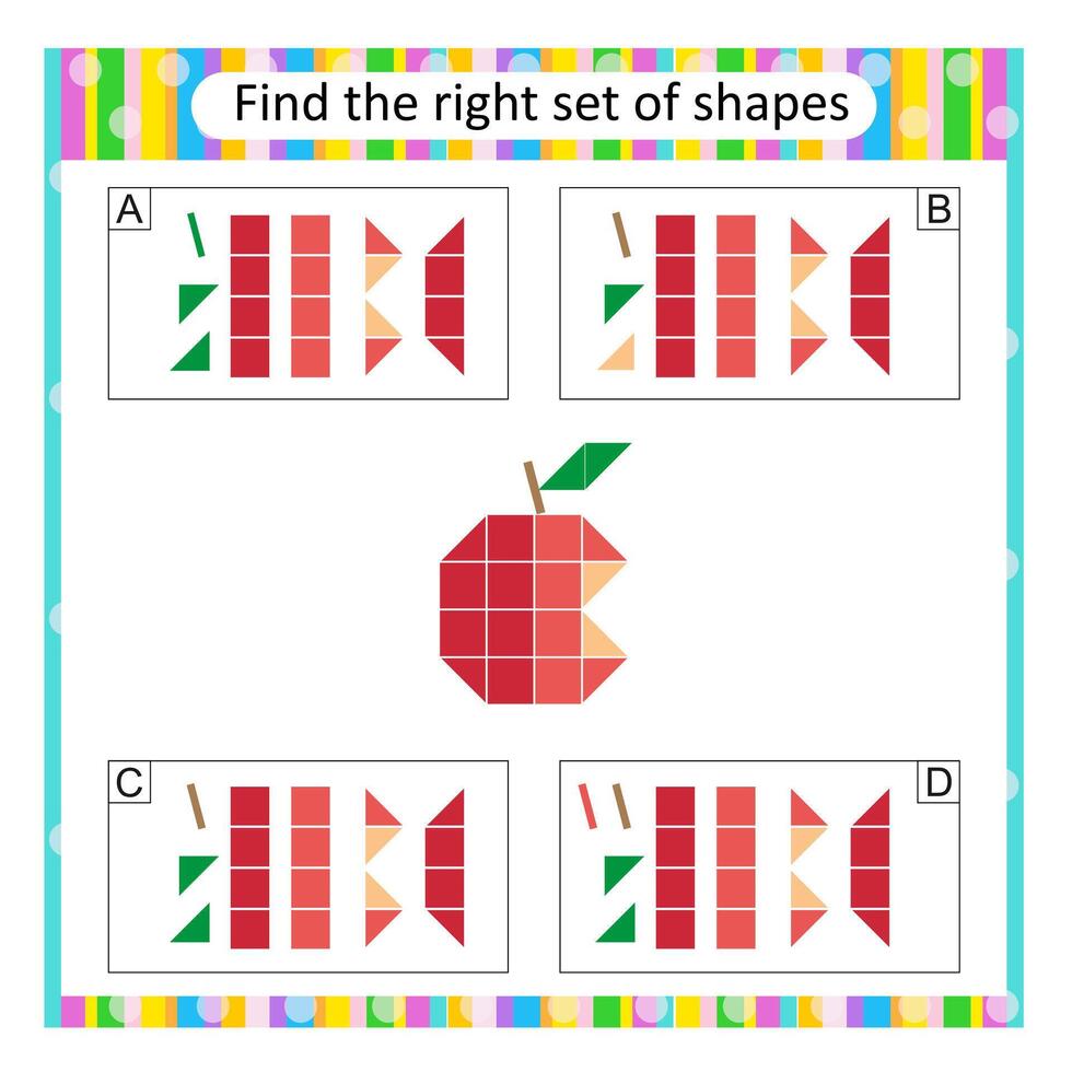 Puzzle for kids. Attention task. Find the correct set of cartoon red apple. Answer is C. vector