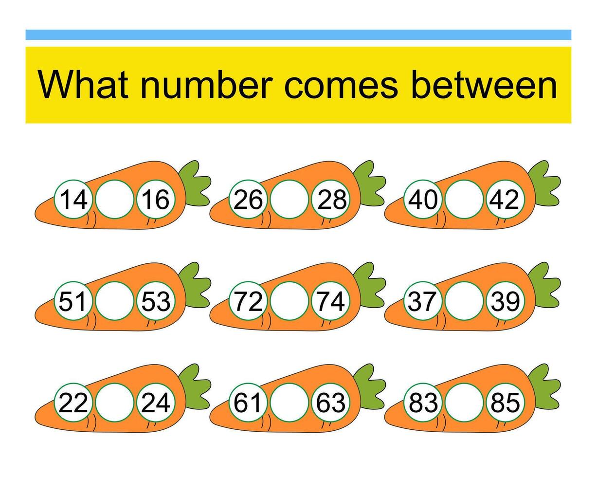 What number comes between Math worksheets for children. Cartoon carrot. vector