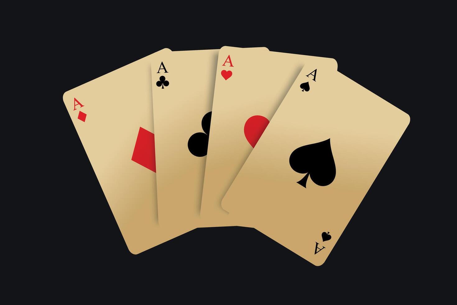 Four golden playing cards with all aces of spades, hearts, clubs, and diamonds on black background vector