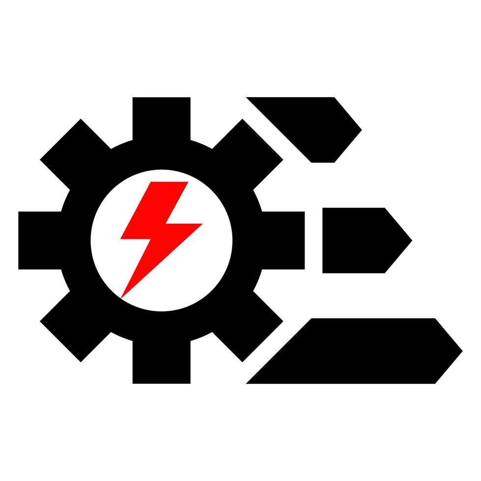 The icon is a gear with a red electric bolt in the middle, symbolizing energy technology, industrial power and energy efficiency. vector