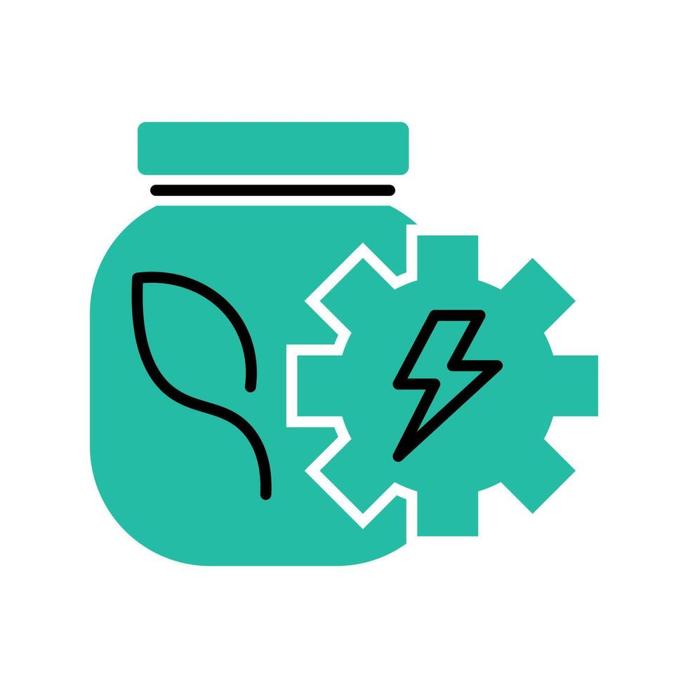 Green minimalist jar with gears and leaves, expressing green technology and efficient electricity storage system. vector
