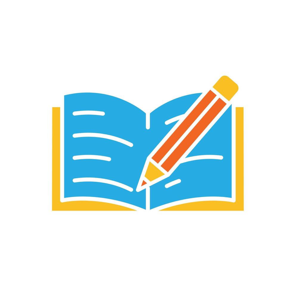 education icon. writing. book with pencil on it as if writing. smart, learning, clever. Flat design style vector