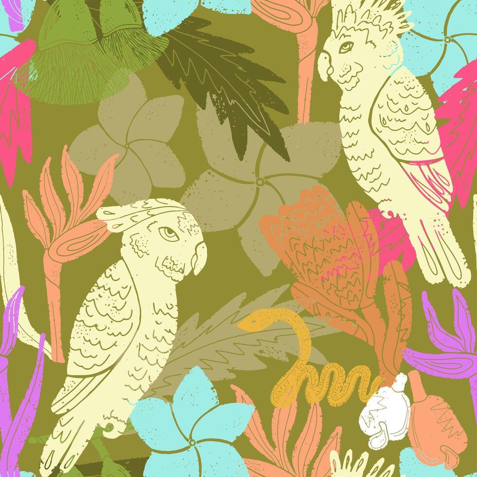 a tropical pattern with birds and flowers vector