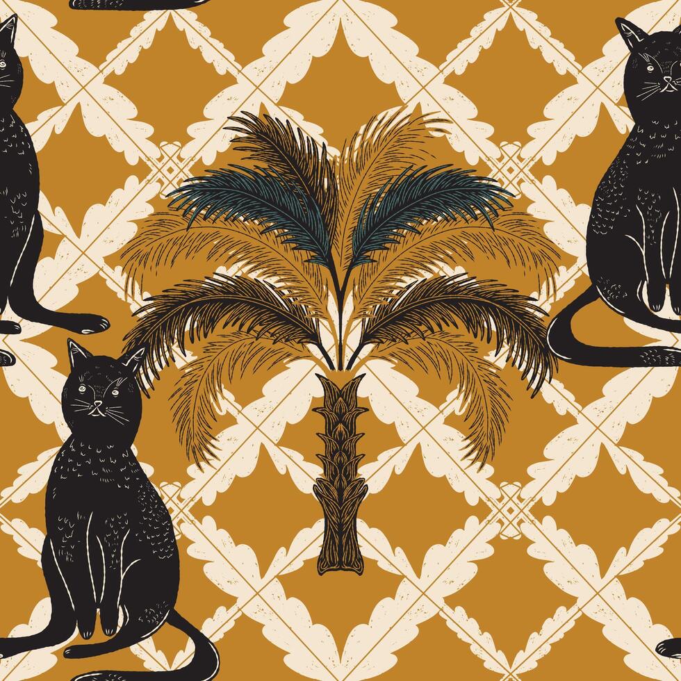 a pattern with two cats and palm tree vector