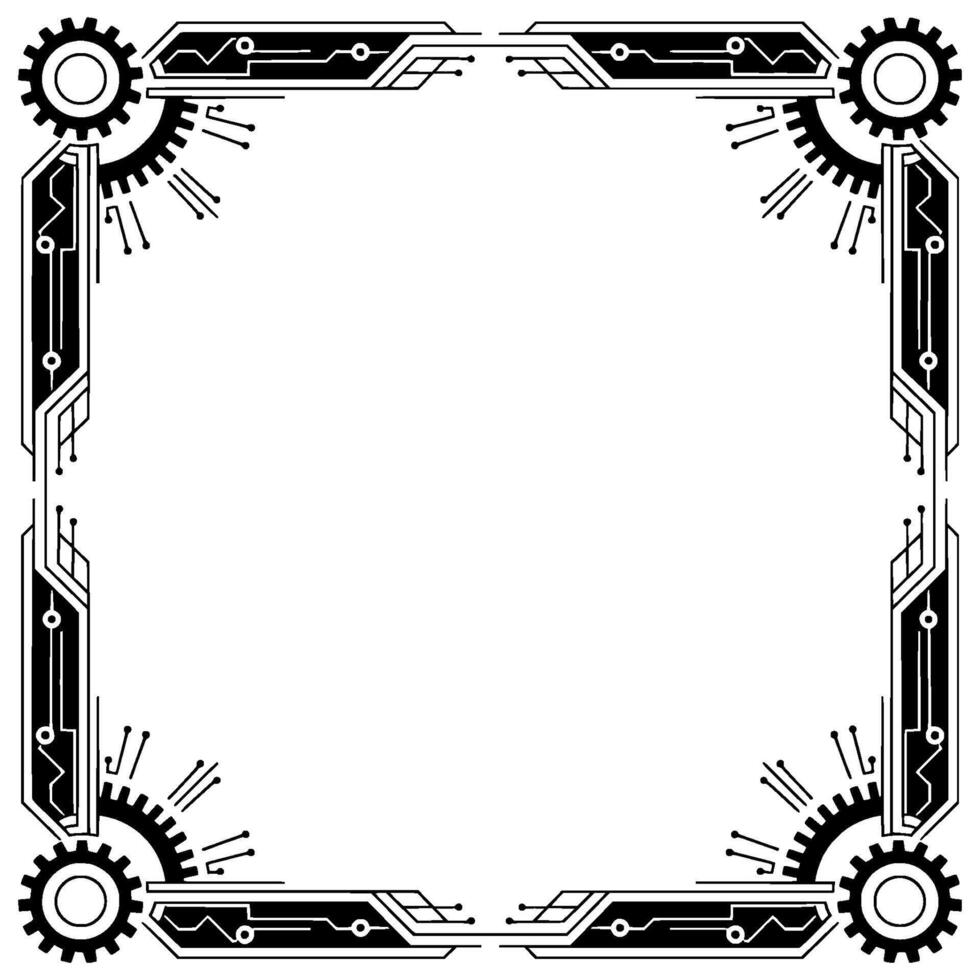 Tech Frame Minimalist Geometric, Circuitry, And Gears, Black White vector