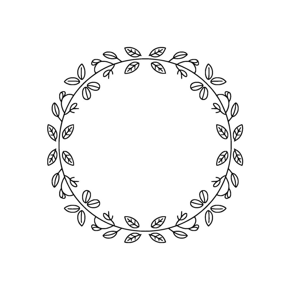 Minimalist Leafy Wreath Frame, Black Line Art On White vector