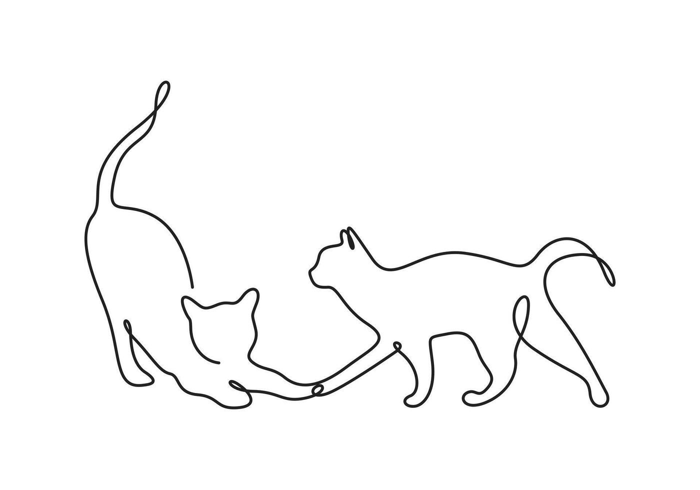 Cat continuous one drawing sketch animal one pet outline graphic draw. Two cat line happy doodle couple 2 kitten white black background cute clipart friendship silhouette contour graphic illustration vector