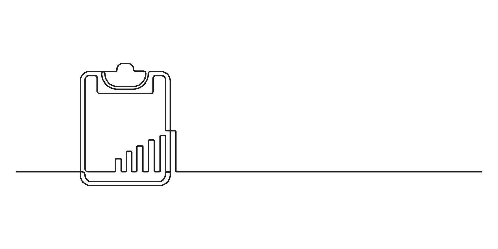 Continuous one line drawing of clipboard. Growth graph icon business, bar chart, object single line art style illustration, Continuous line drawing of clipboard paper with graph. Graphic illustration vector