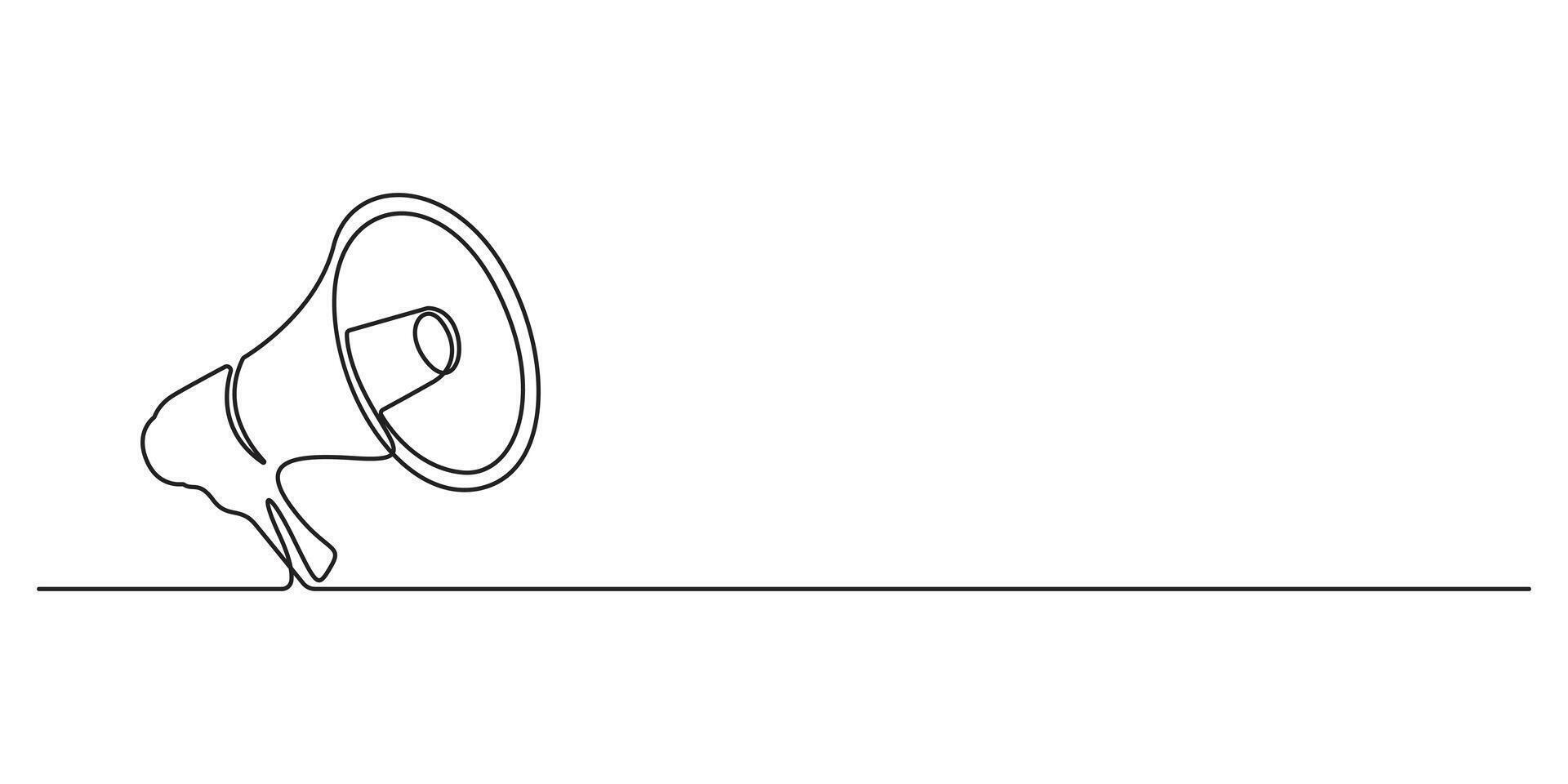 One line hand drawn megaphone. Loudspeaker in continuous one line style, Line art megaphone announcement, single continuous line drawing of speaker megaphone. Graphic illustration vector