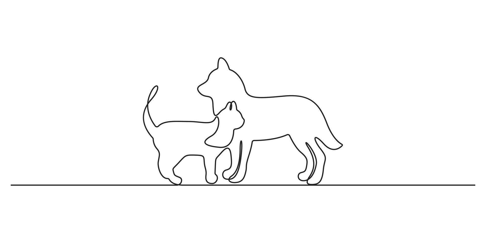 Dog and cat continuous one line drawing. Simple Line art Dog and Cat silhouette. Dog and Cat are standing together. Graphic illustration vector