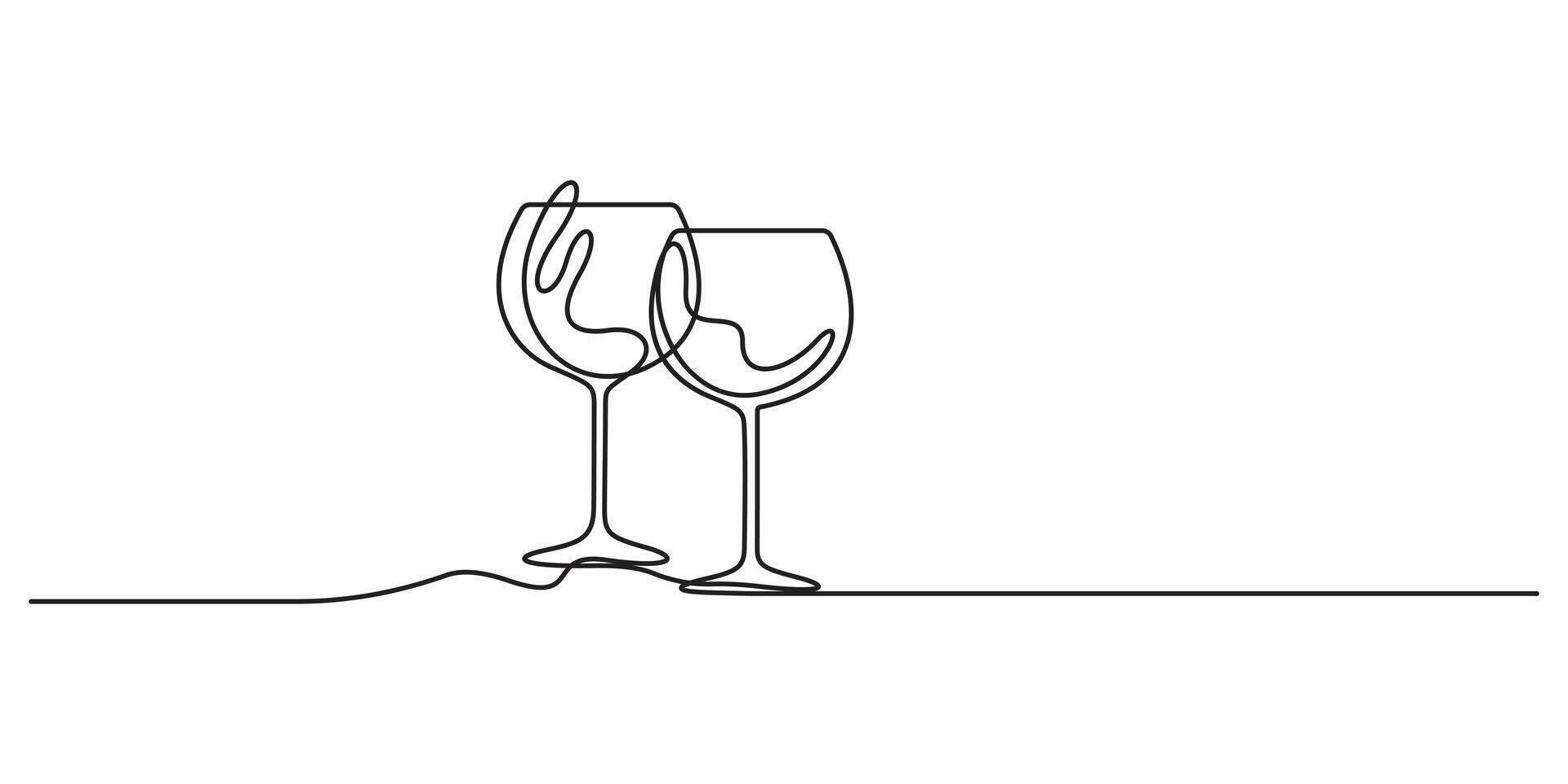 Two glasses of wine. Continuous one line drawing two wine glasses. Champagne Toast, Two Wine Glasses, Cheers, two elegant champagne glasses. Doodle graphic illustration vector