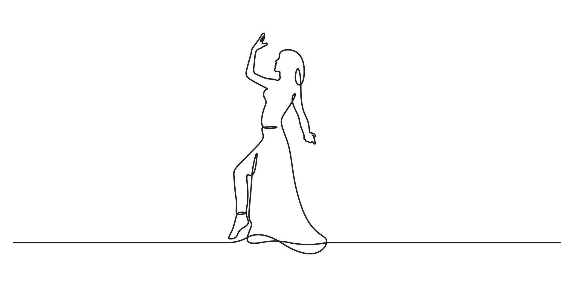 One continuous line art dancing women with gown. Graphic illustration vector