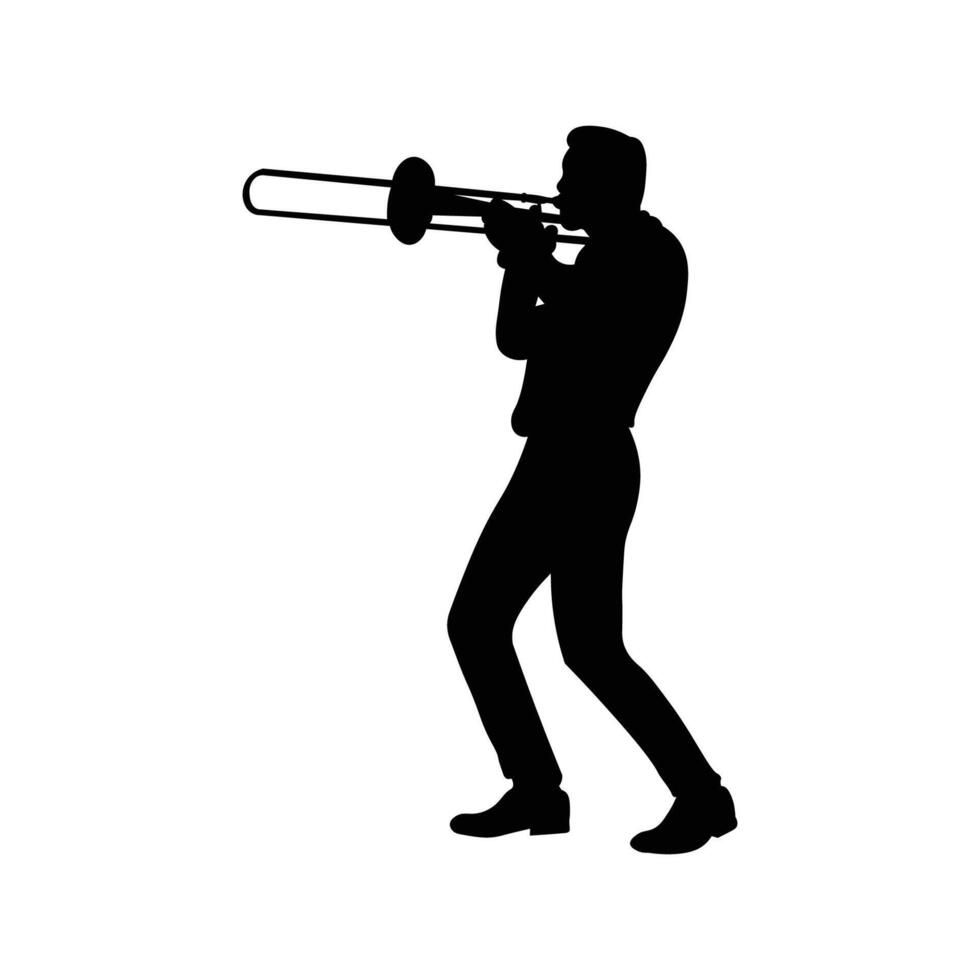 Trombone player silhouette. Jazz musical instrument silhouette isolated on white background.. vector