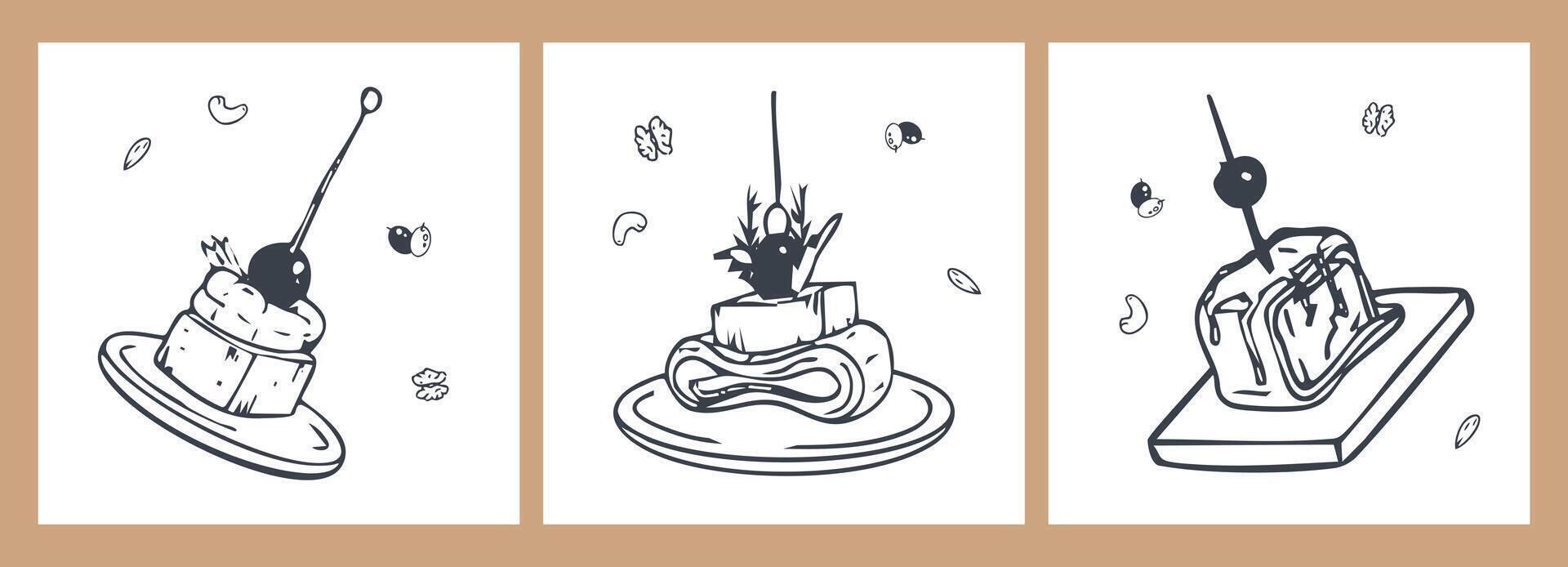 Three appetizer snacks on the sticks drawings, tasty banquette canape with cheese, bacon, grapes, figs and greens. Food hand drawn illustrations for restaurant and cafe menu decorations. vector