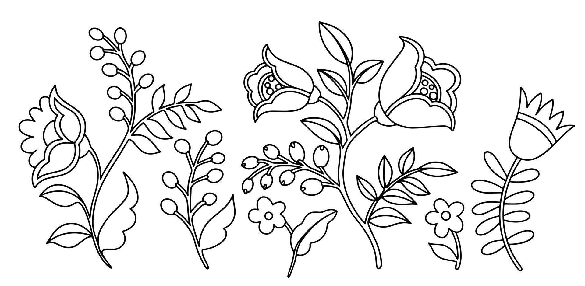 Coloring book. Set of abstract fantasy flowers, berries and leaves in folk style. Doodle style illustration vector