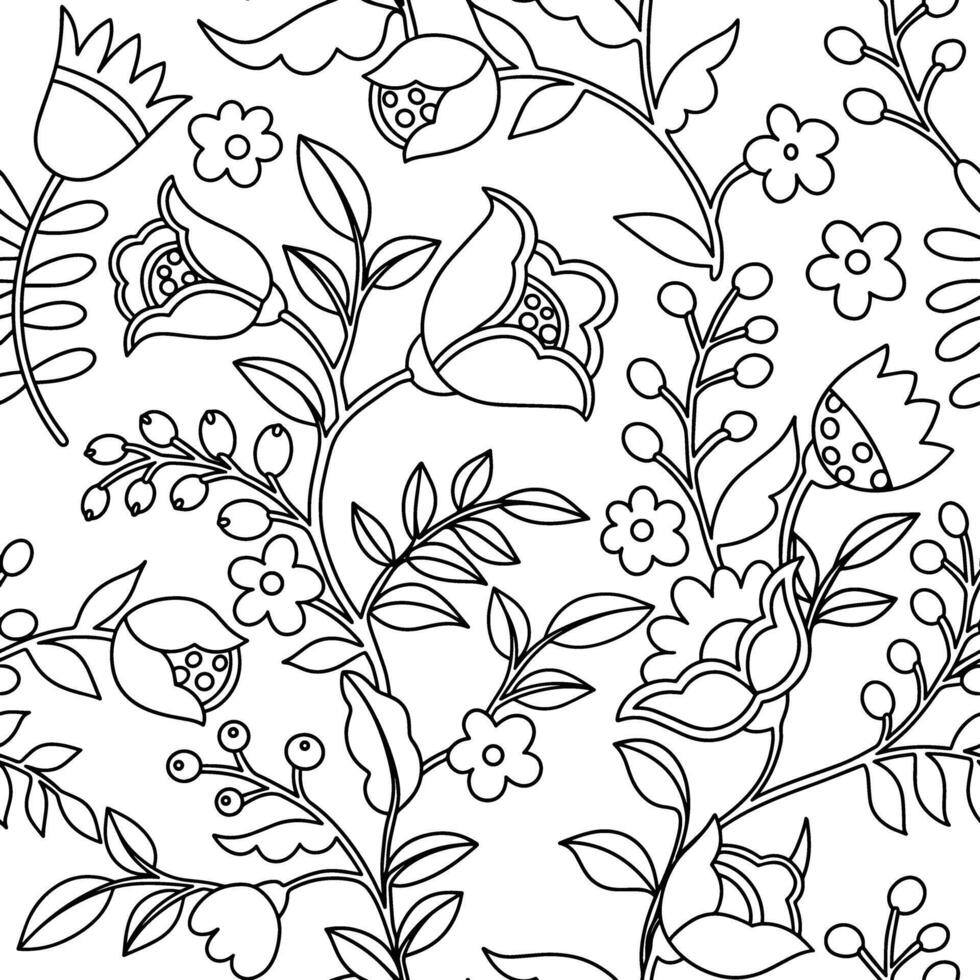 Coloring book. Seamless pattern of abstract fantasy flowers in folk style. Doodle style illustration vector