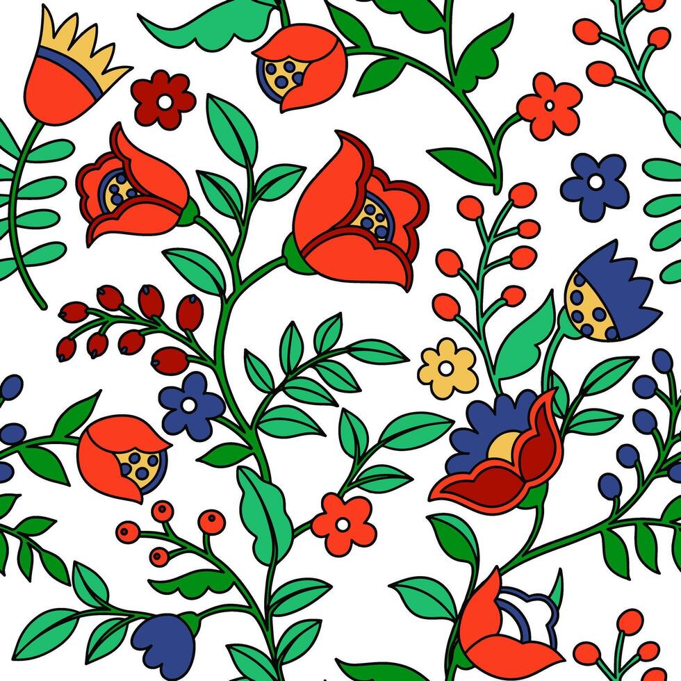 Seamless pattern of abstract fantasy flowers in folk style. Doodle style vector