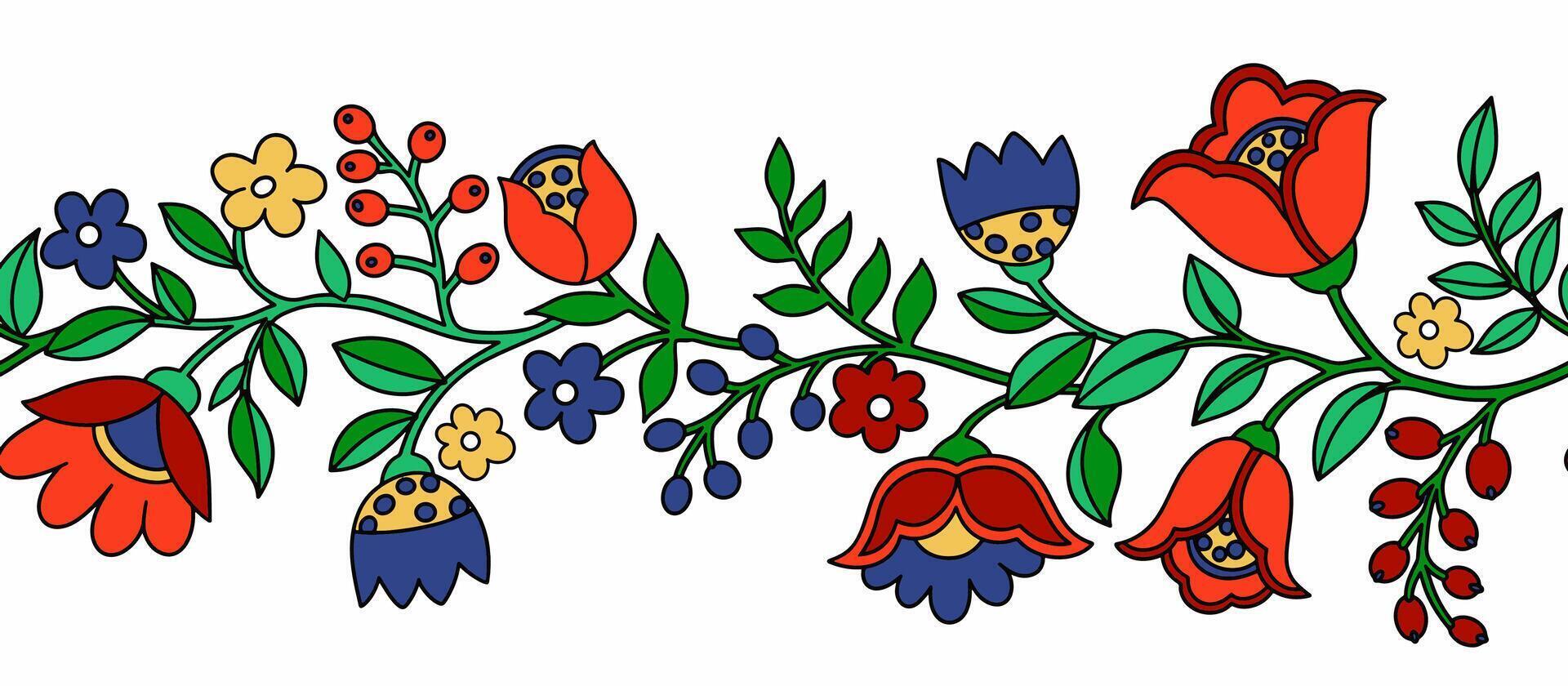 Seamless border of abstract fantasy flowers in folk style. Doodle style illustration vector