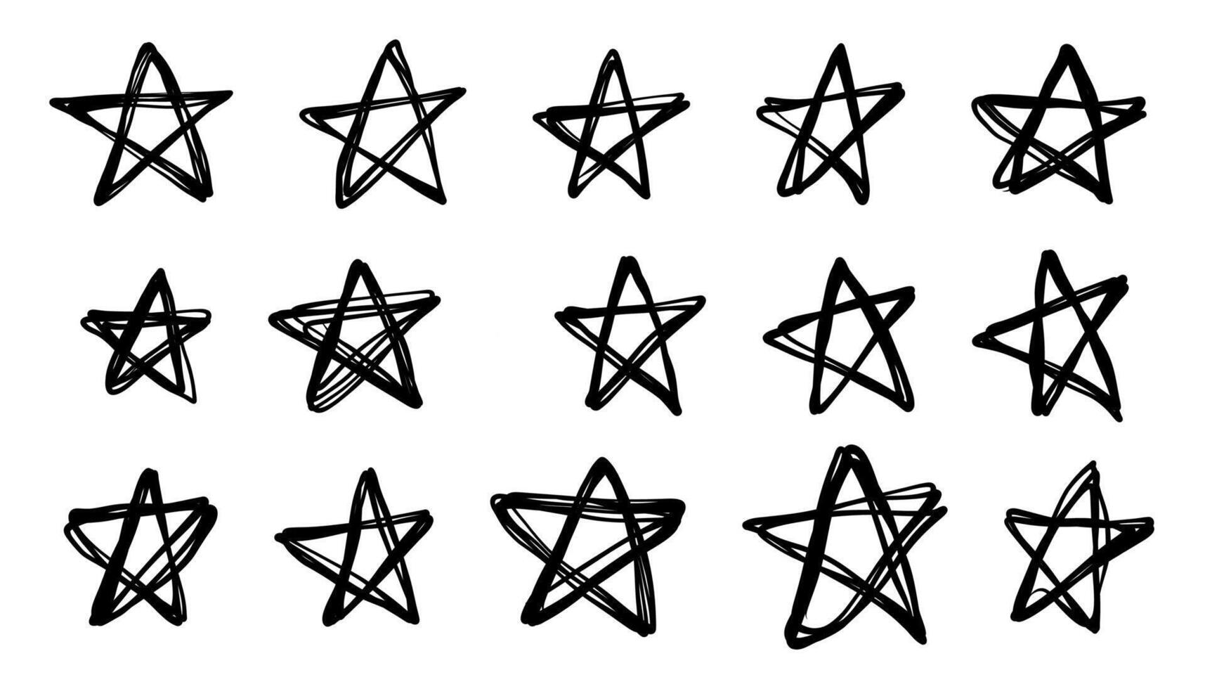 Set of black hand drawn stars in doodle style on white background. Star doodles are drawn with ink. vector