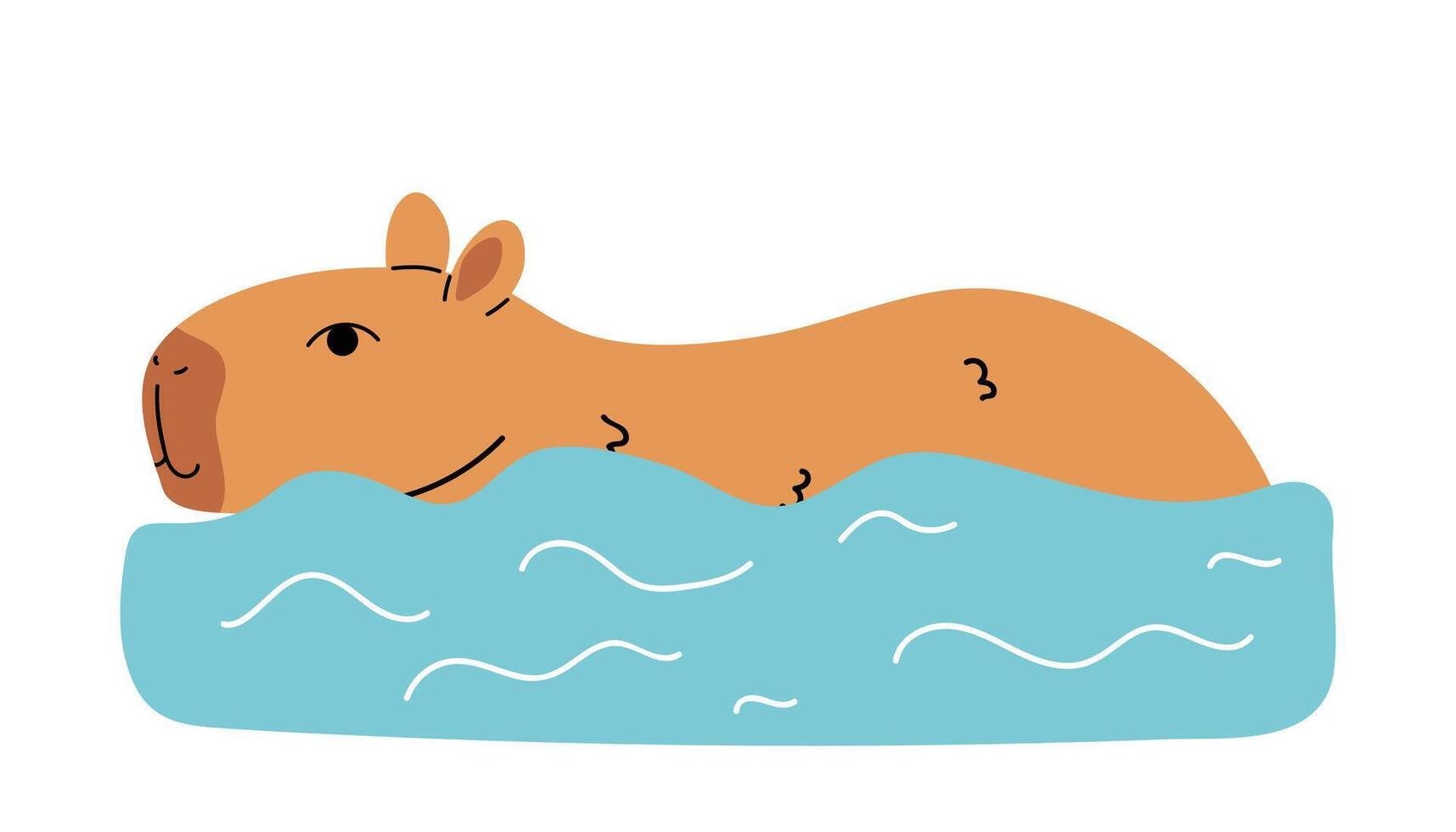 Cute capybara swimming, isolated on white in cartoon flat style. vector