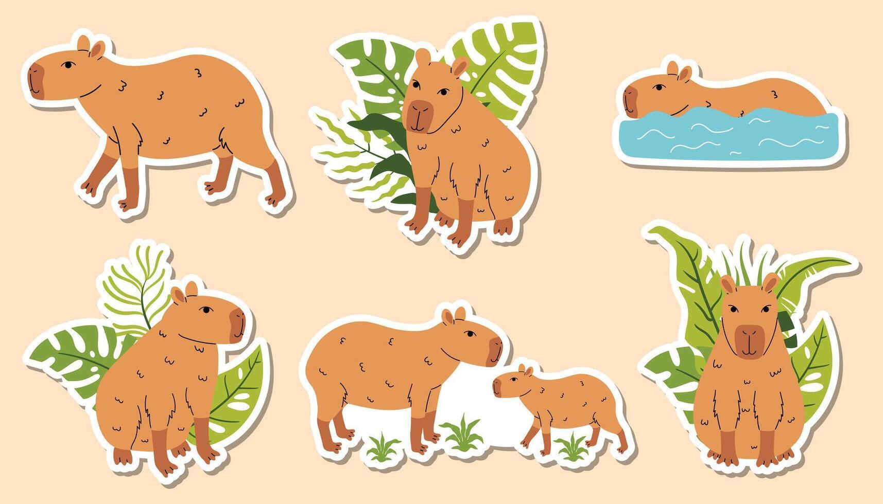Capybara stickers with greenery background vector
