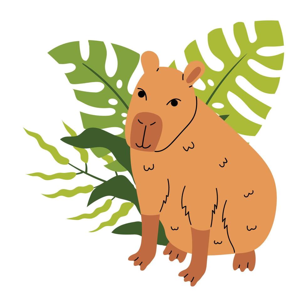 Cute capybara with tropical leaf composition isolated on white in cartoon flat style. vector