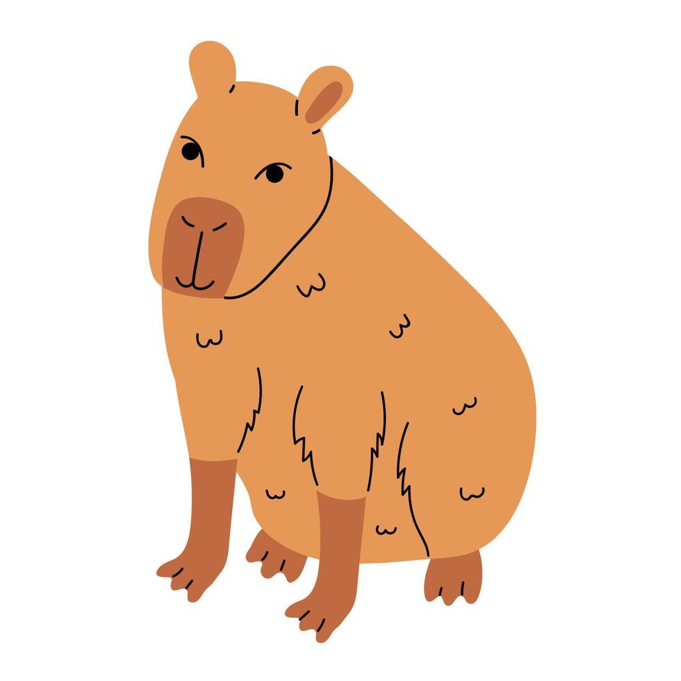 Cartoon flat style capybara sitting alone, isolated on white. vector