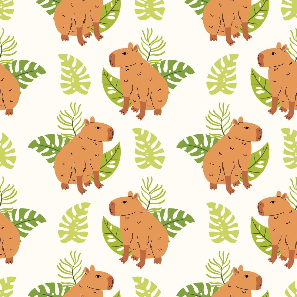 Capybaras on a leaf pattern vector