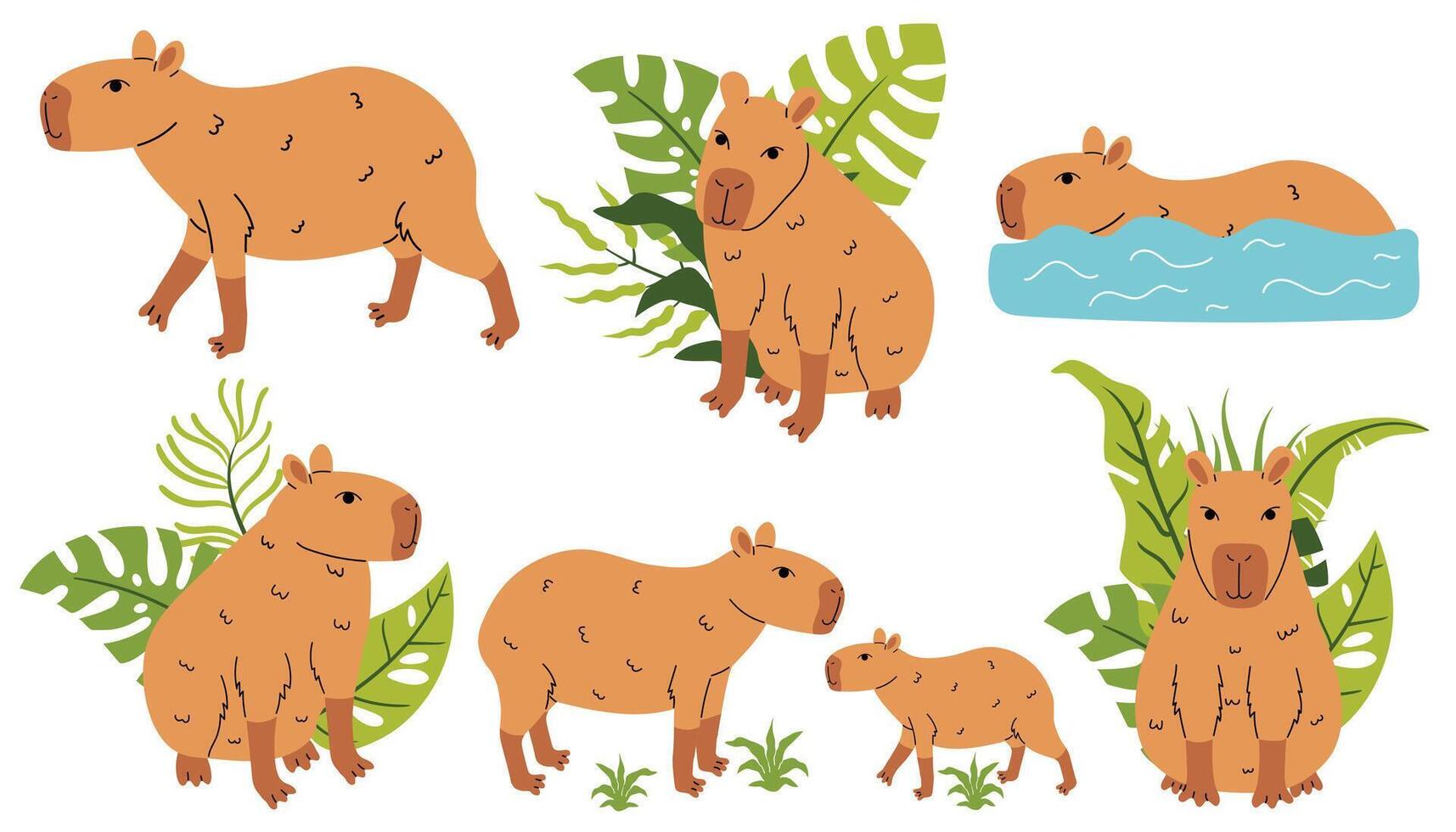 Capybaras in tropical foliage vector