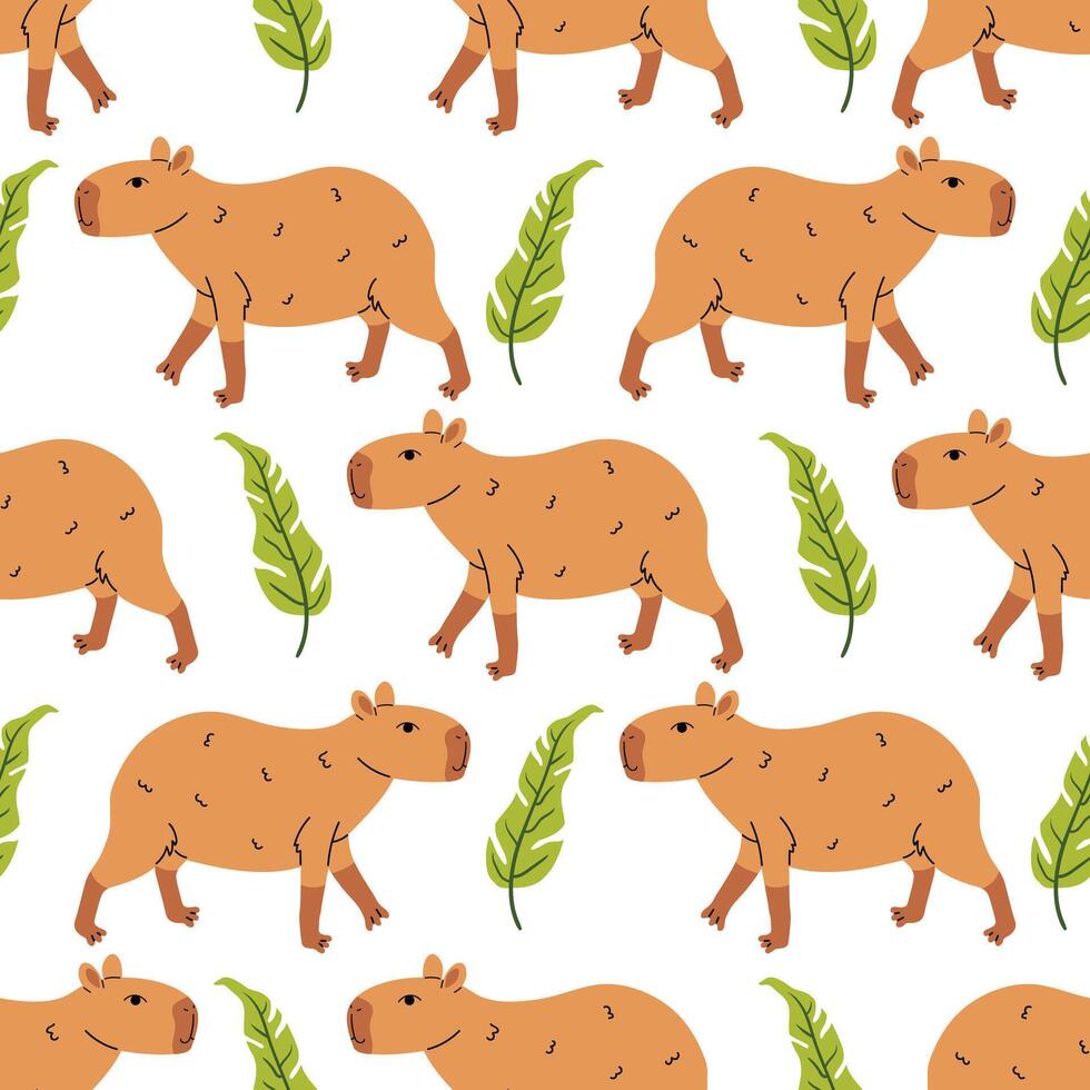 Cartoon flat style seamless pattern with adorable kawaii capybara and exotic leaf in polka dot layout on white background. vector