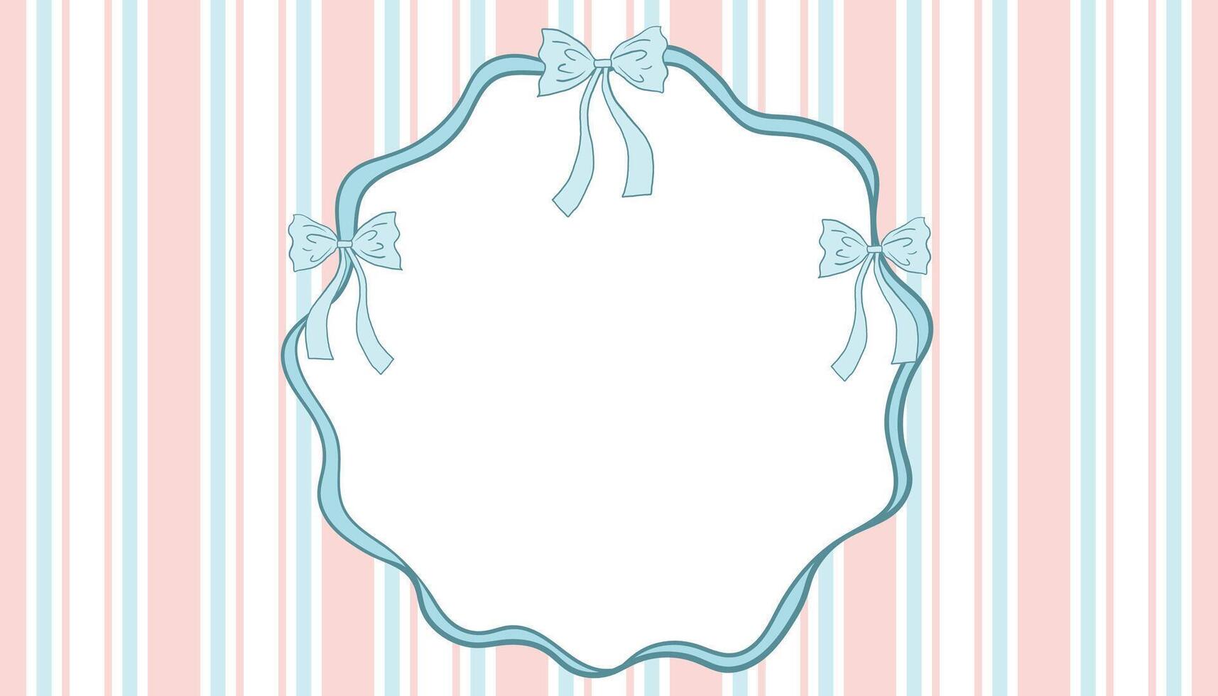 Horizontal poster with pink and blue vertical stripe and blue ribbon frame with bow in cottagecore style on white background. vector