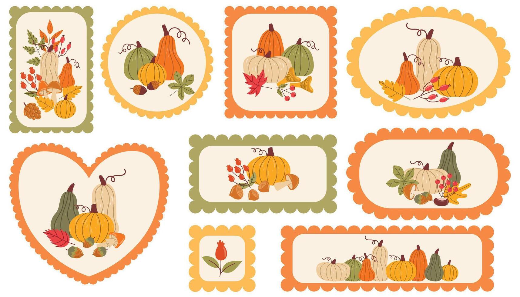 Set of scalloped heart, round, and rectangle frames with autumn harvest still life inside. vector