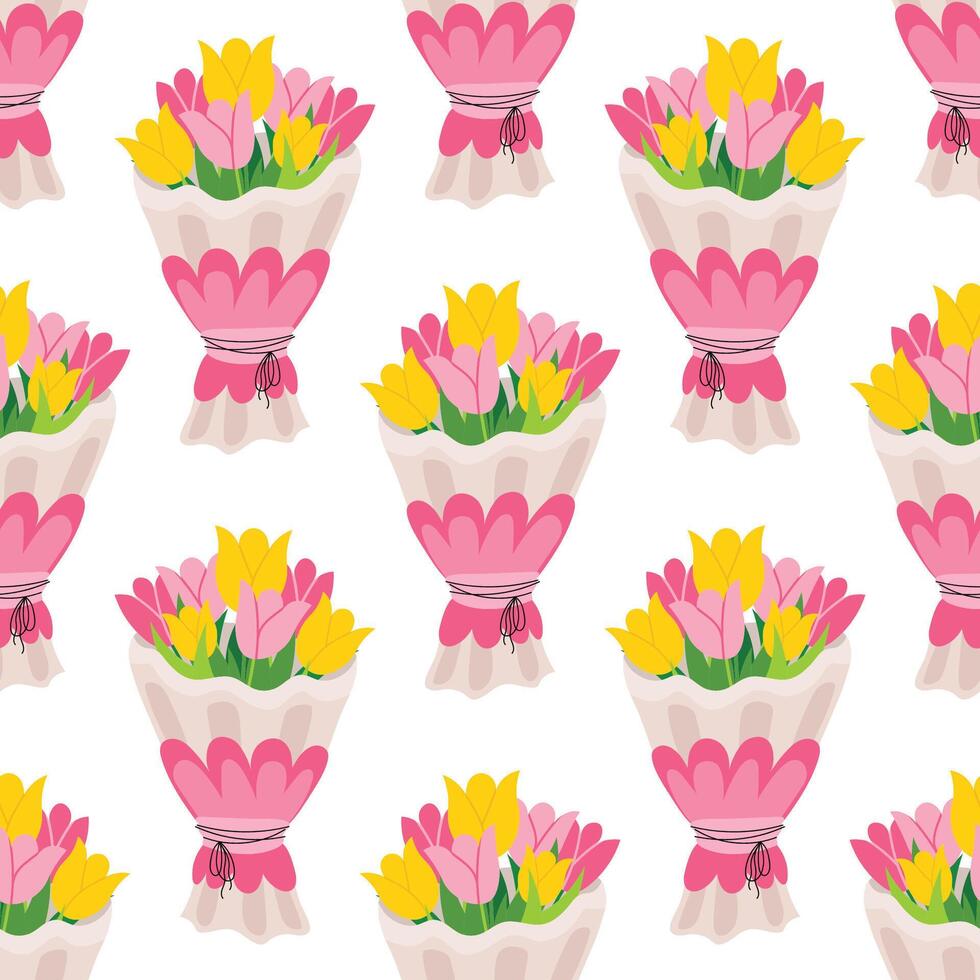 Seamless pattern with bouquet of pink and yellow tulip in cartoon flat style, arranged in polka dot order on white background. vector