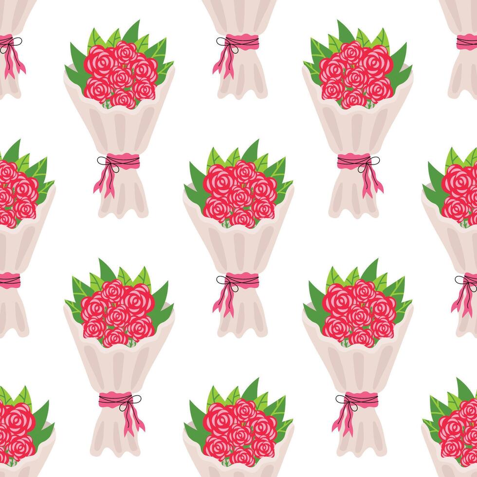 Seamless pattern with bouquet of red rose in cartoon flat style, arranged in polka dot order on white background. vector