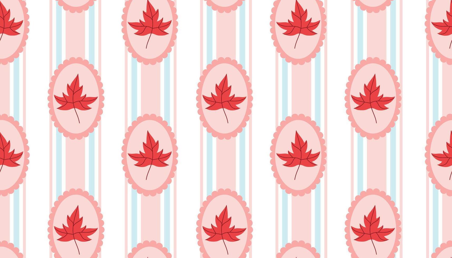 Seamless pattern with pink and blue vertical stripe and red autumn maple leaf in scalloped frame, polka dot order, cottagecore style on white background. vector