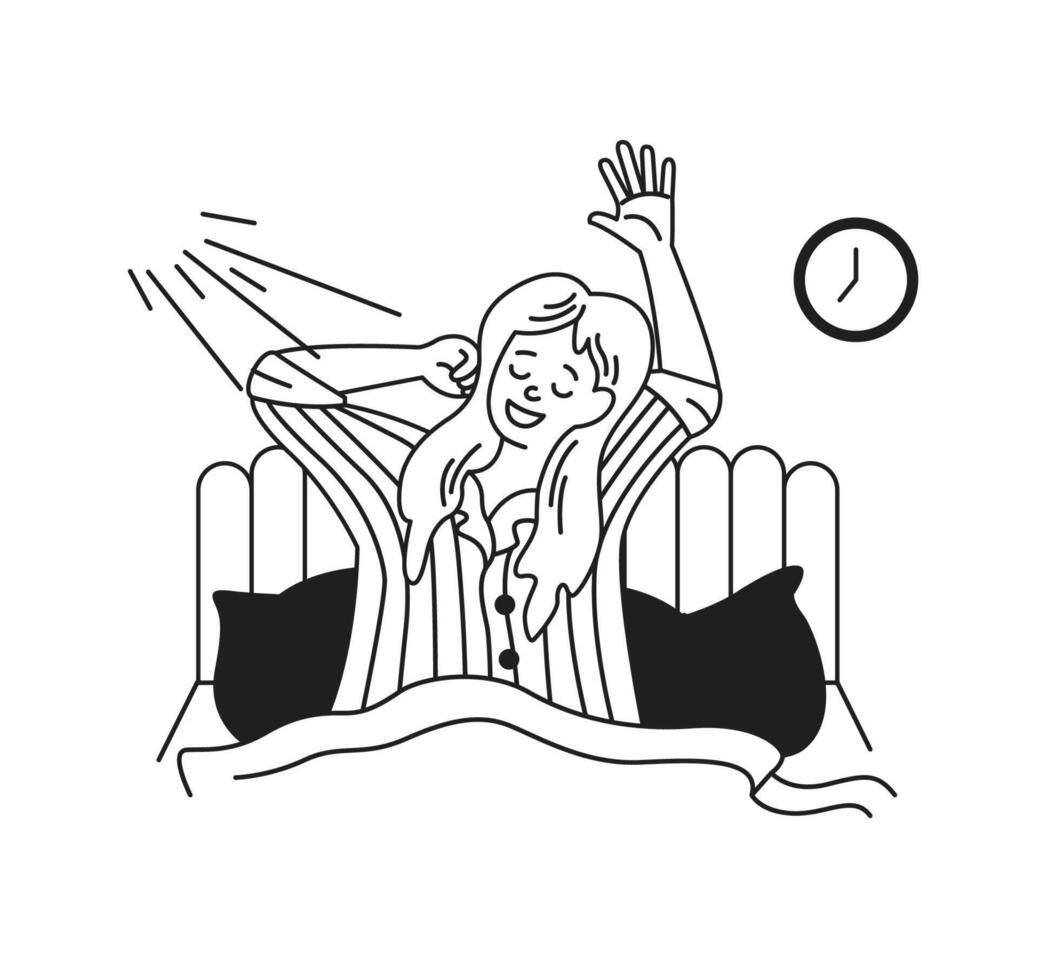 Illustration of a cheerful woman waking up and stretching in bed. Sunlight beams through the window adding warmth to the bedroom setting. The mood is refreshed and positive. vector
