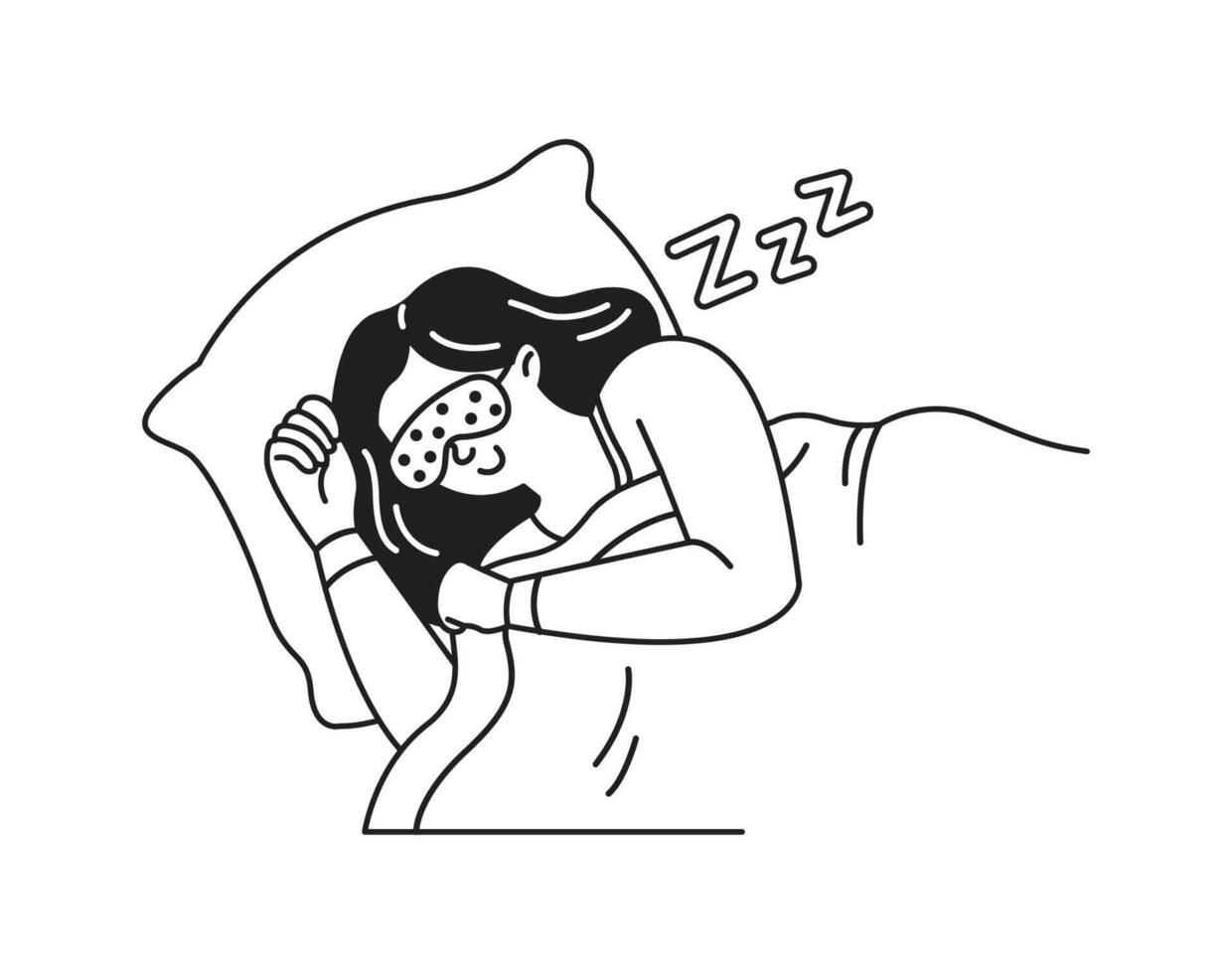 Cartoon illustration of a woman sleeping peacefully with an eye mask. Minimalist style in black and white. Represents restful sleep and relaxation. vector