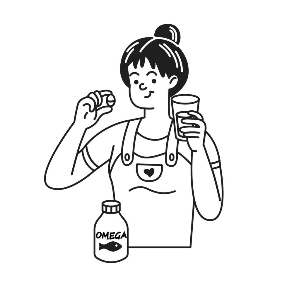 Illustration of a woman taking omega supplement with a cheerful expression. She holds a glass of water and a capsule. Black and white style for health awareness. vector