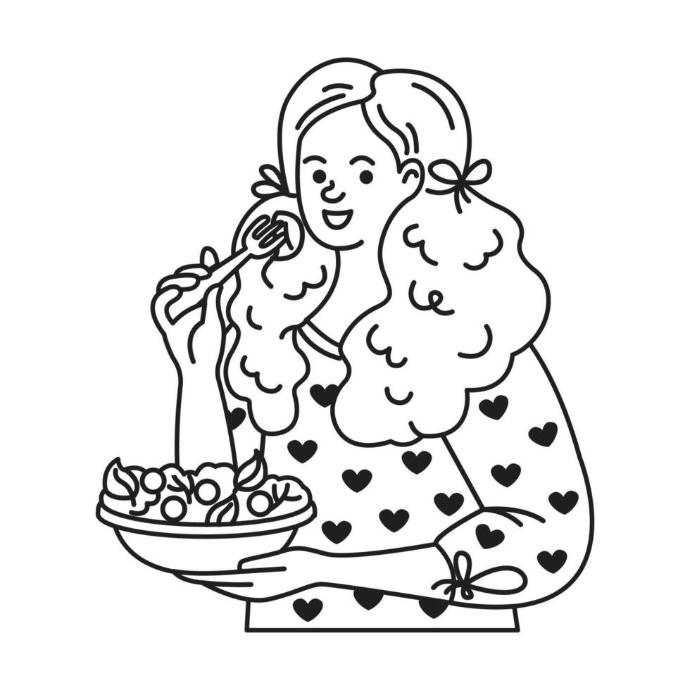 Curlyhaired woman with a joyful expression eating a salad. Dressed in a heartpatterned top, she enjoys a healthy meal. Black and white line art illustration. vector