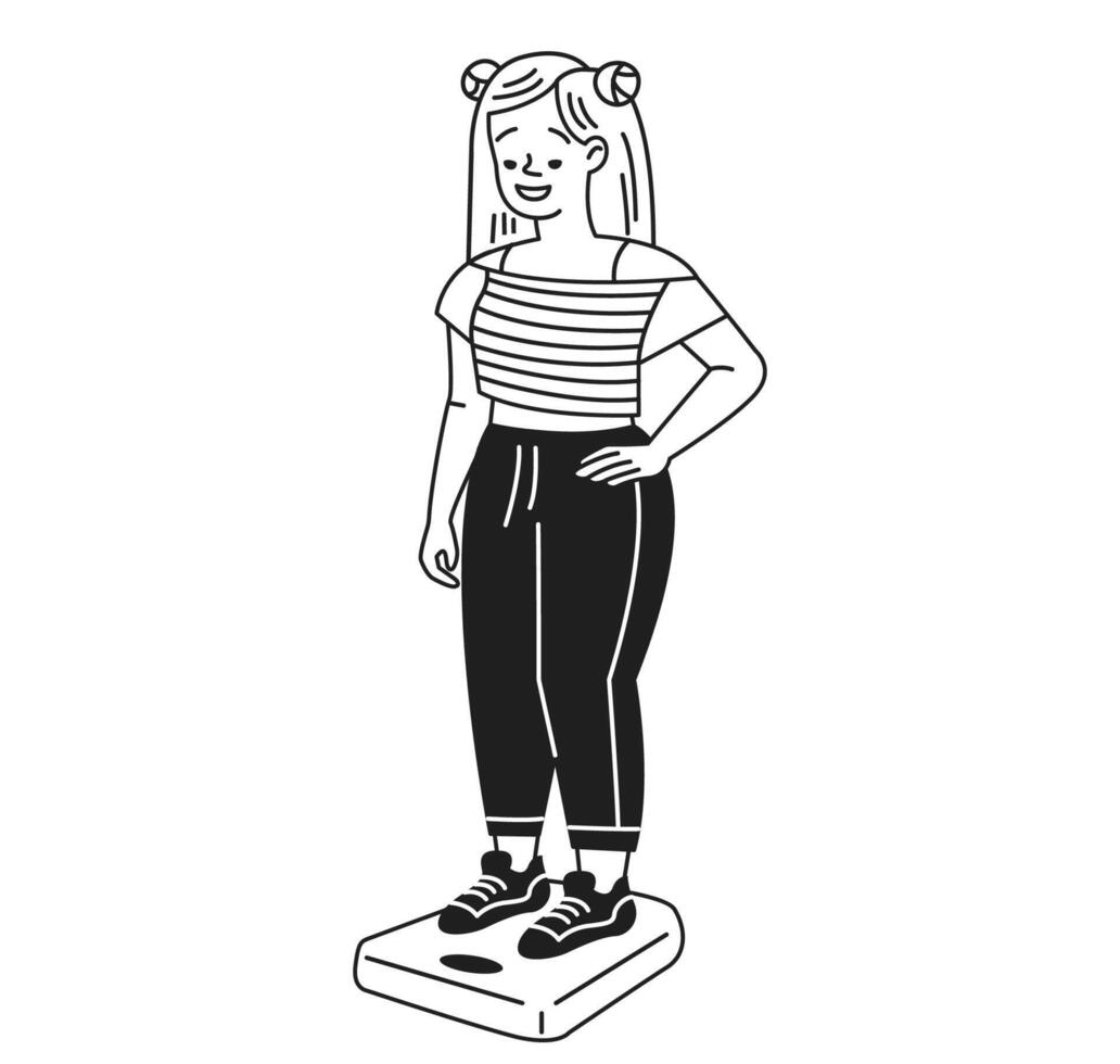 Stylized cartoon girl with long hair confidently stands on a scale. She wears a striped top and sneakers. Monochrome illustration highlights selfawareness and health. vector