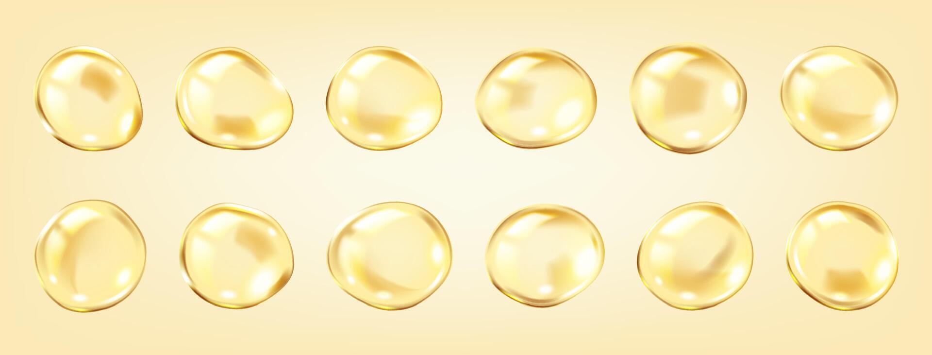 Golden collagen serum bubbles skincare realistic color icons set. Innovative cosmetic products promoting 3d objects bundle on yellow vector