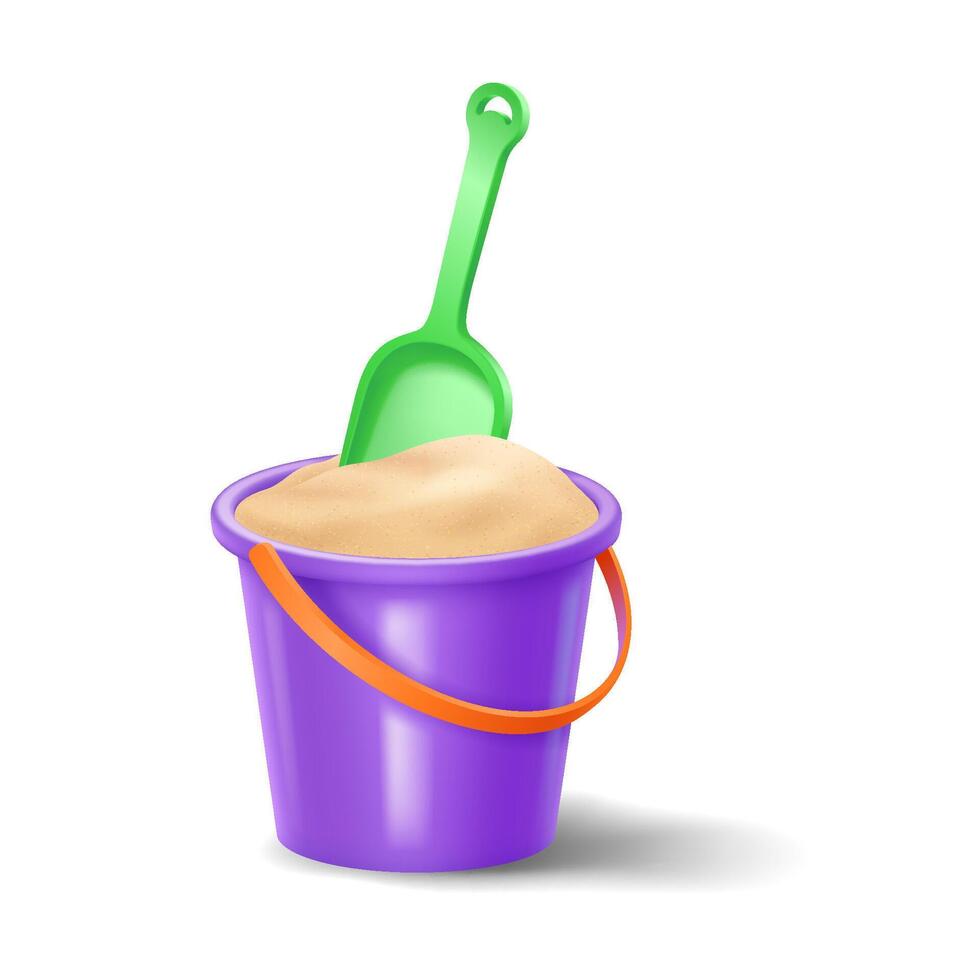 Illustration of a vibrant purple bucket filled with sand and a green shovel. Bright colors evoke fun and playful beach or sandbox activities for children. vector