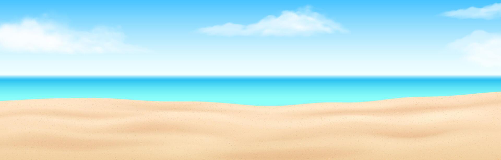 Illustration of a tranquil sandy beach with a calm ocean and bright blue sky. White clouds are scattered, creating a peaceful summer scene perfect for relaxation themes. vector