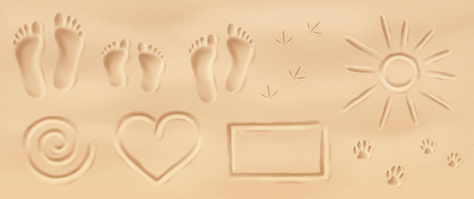 Sand imprints featuring human and animal footprints with symbols. Beige tones convey a sense of warmth. Ideal for summer themes or travel inspirations. vector