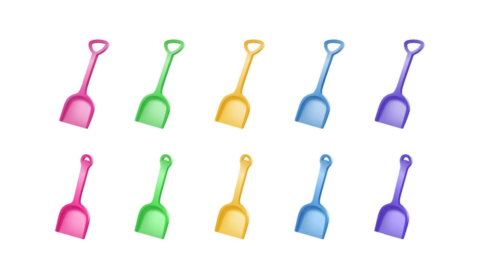 Set of colorful plastic toy shovels in pink, green, yellow, blue, and purple shades. Ideal for children at beach or sandbox. Bright and playful design. vector