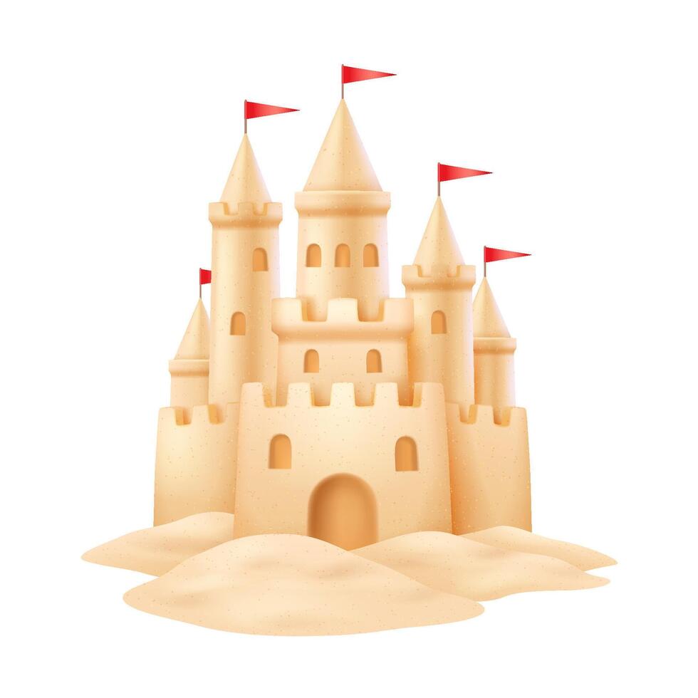 Digital illustration of a sandcastle adorned with red flags. Featuring realistic textures, it captures playful summer vibes. Isolated on a white background. vector