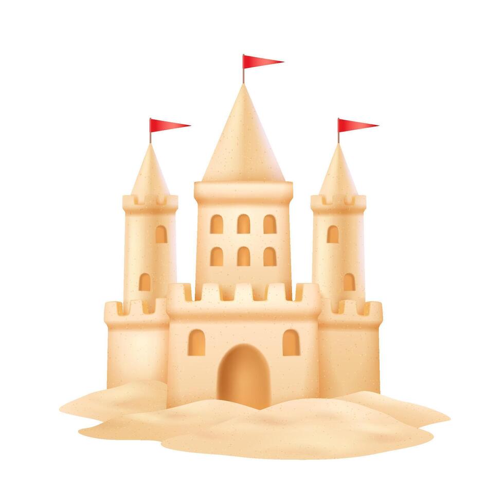 Digital illustration of a sandcastle featuring red flags. Created in warm beige tones against a white backdrop. Ideal for beach themes and summer fun designs. vector