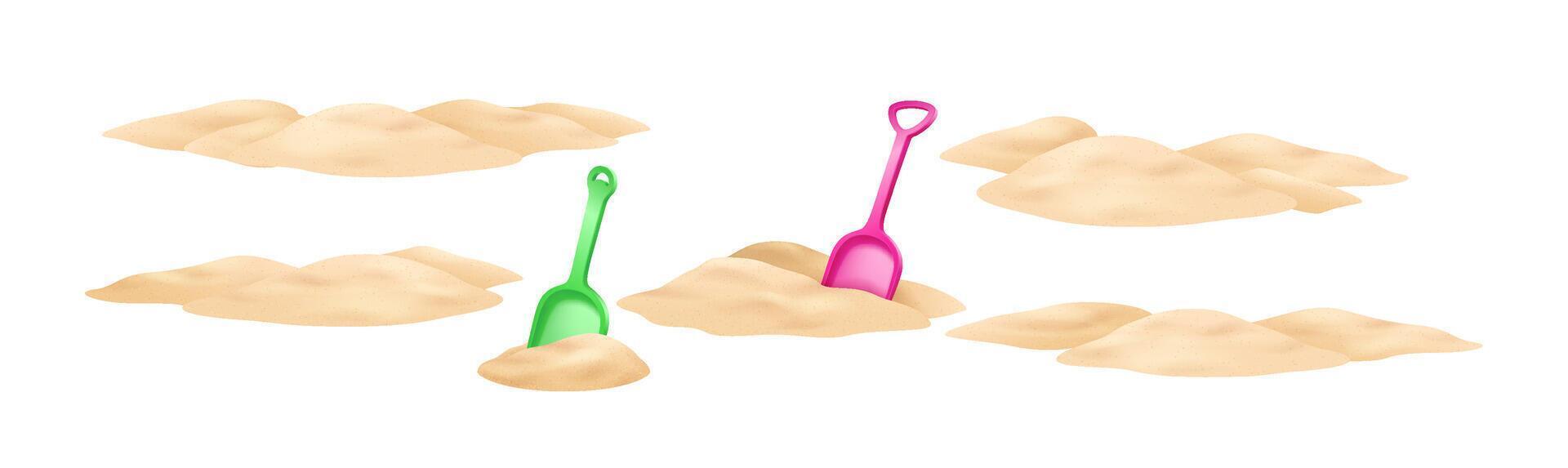 Illustration of colorful plastic shovels resting in soft sand. Green and pink shovels add vibrant contrast. Perfect for summer beach activities and playful themes. vector