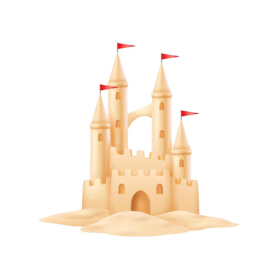 Illustration of a sandcastle with red flags. Designed with soft beige colors on a white background. Ideal for depicting beach fun and summer activities. vector