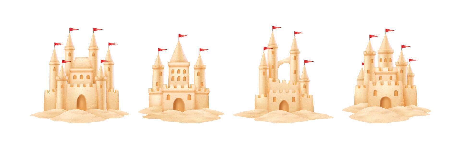 Various sandcastles with red flags designed in style. Neutral tones and simple forms highlight beach fun and creativity. Perfect for summer themes. vector